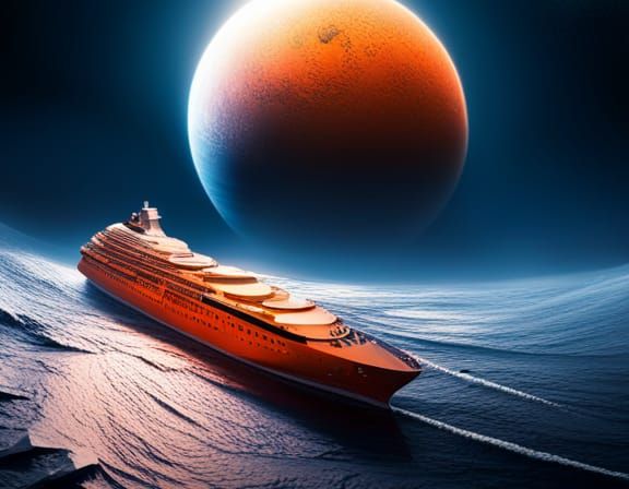 Orange Cruise Ship Sailing a Stormy Space Ocean