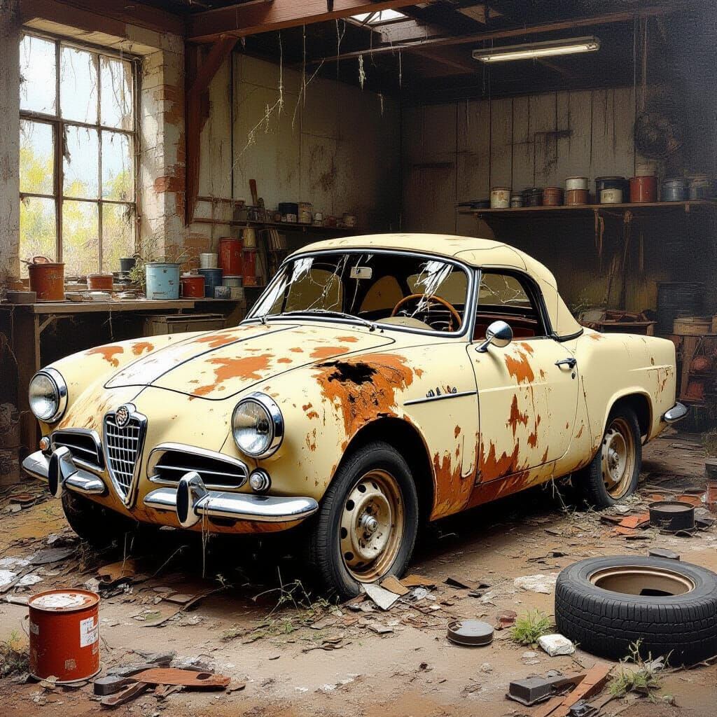 Rusty Alfa Romeo Giulietta Spider in Abandoned Workshop