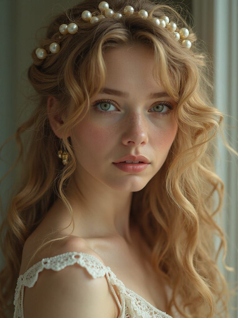 Elegant Woman with Pearl Hair, in Art Nouveau Style