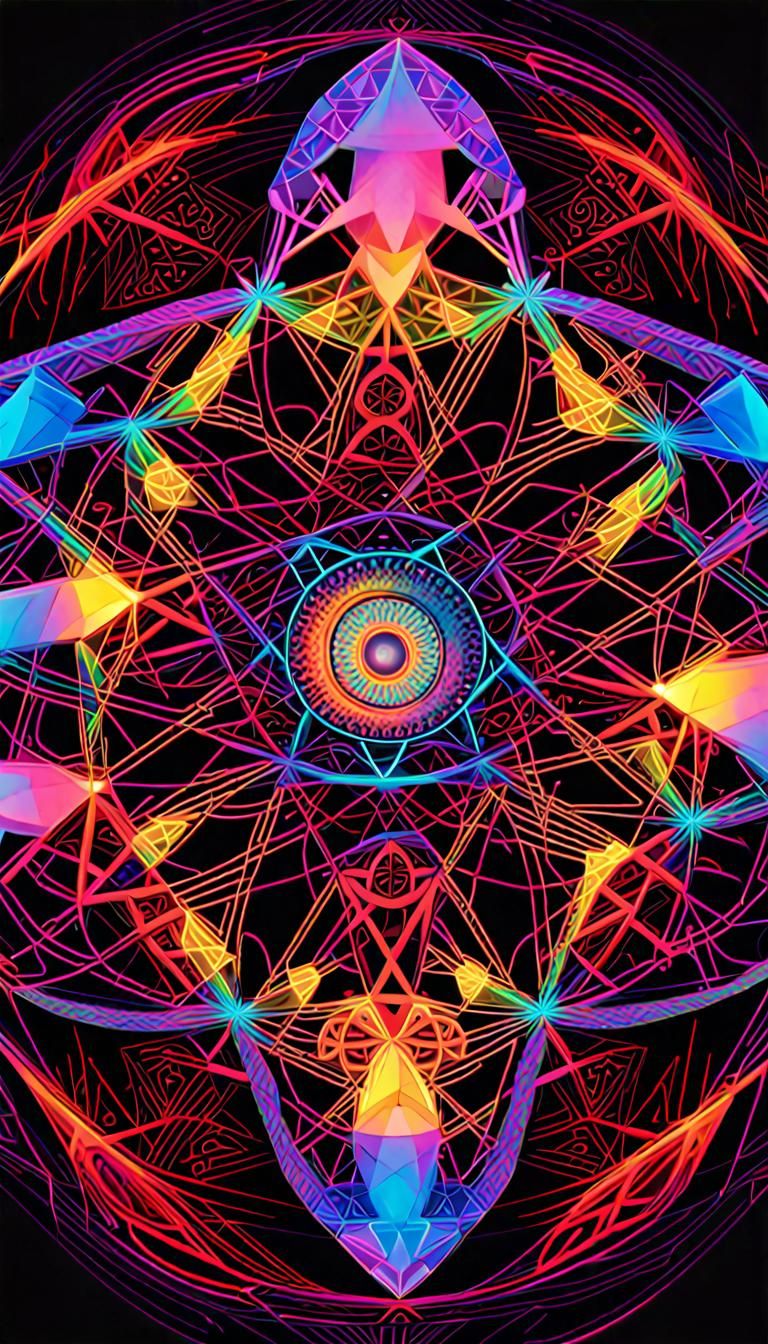 Bursting Sacred Geometric Mandala in Vibrant Neon Colors