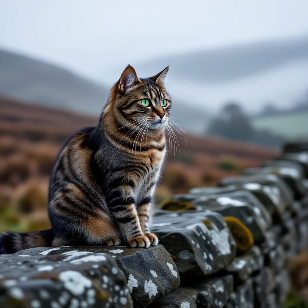 Tabby Cat Surveys Misty Moor: Cinematic Film Still