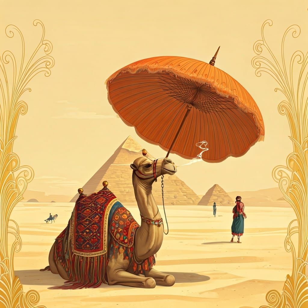 Camel Smoking at Pyramids in Art Deco Style