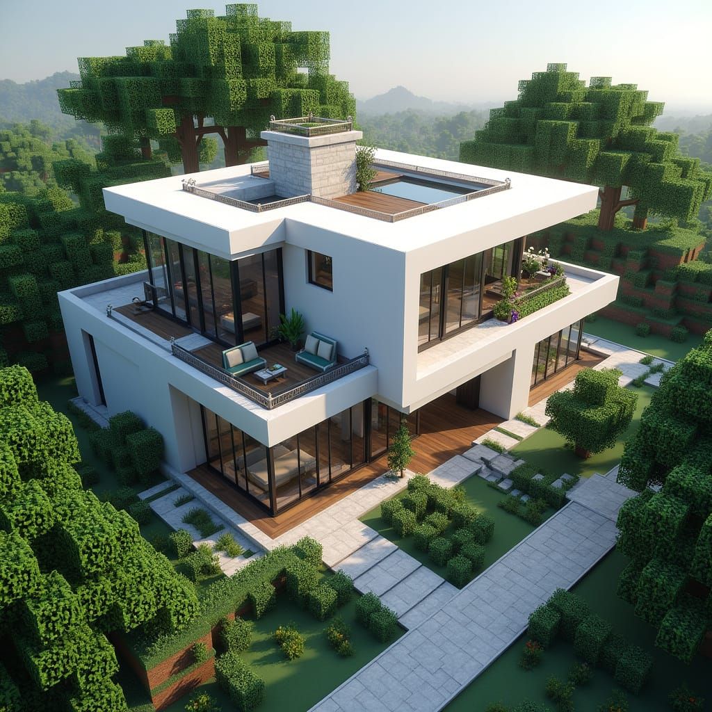 Modern Minecraft House in Isometric Voxel Style