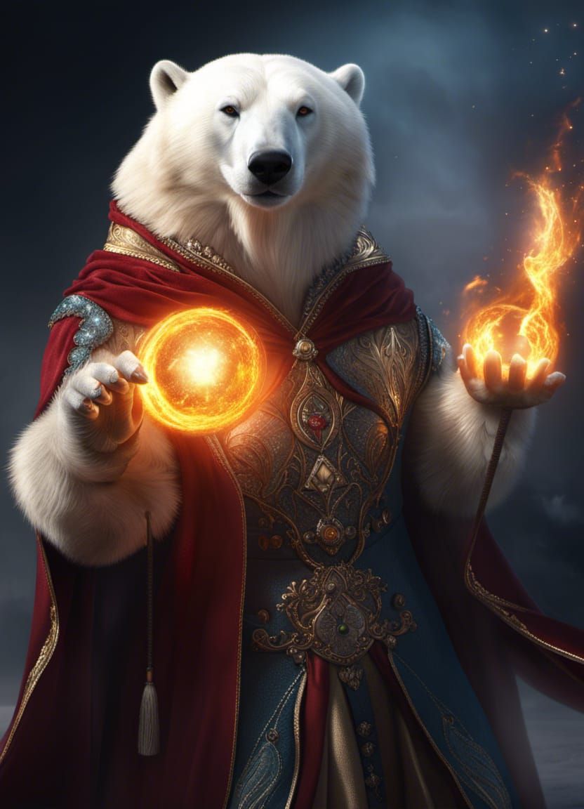 Anthropomorphic Polar Bear Casting Fireball Spell