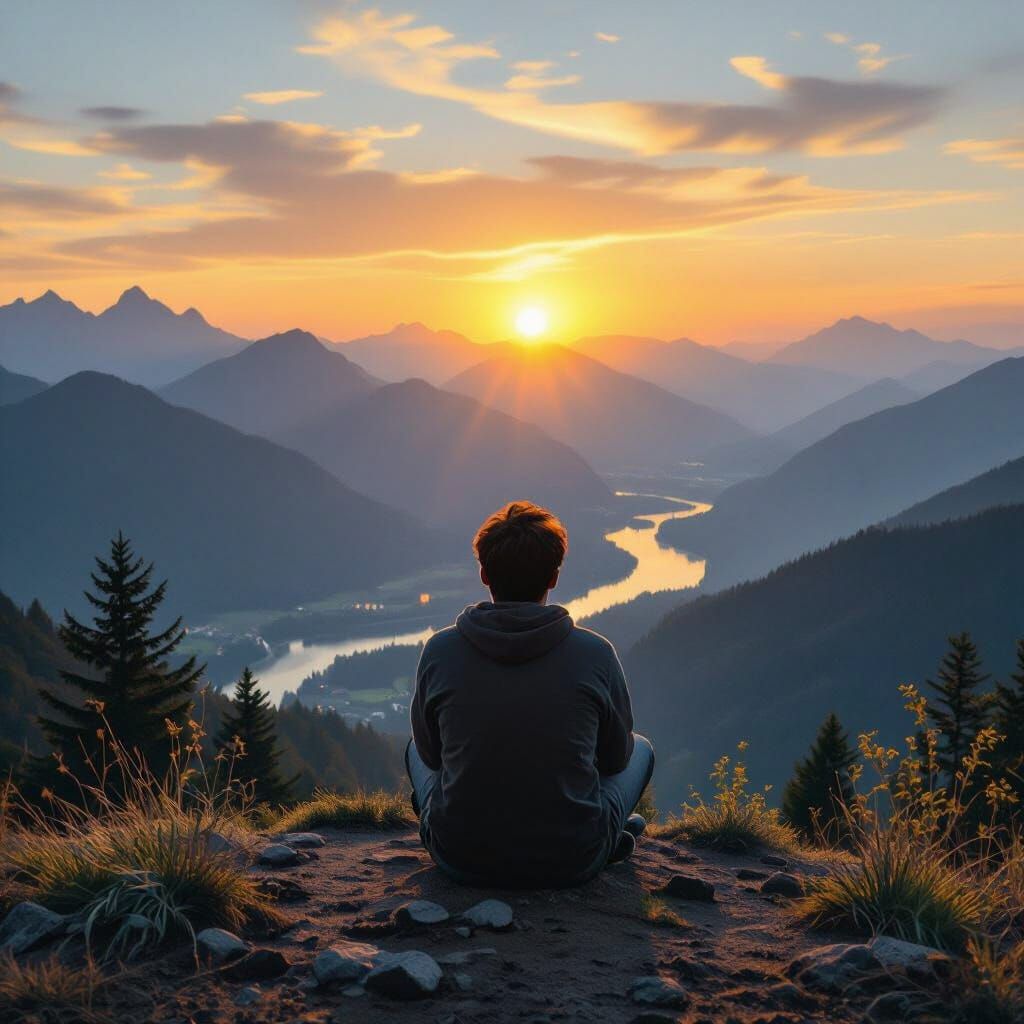 Desperate Youth Finds Hope in Sunset Mountain Landscape