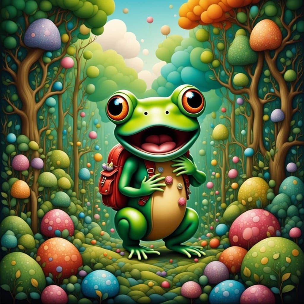 Startled Frog with Backpack in Anime Style