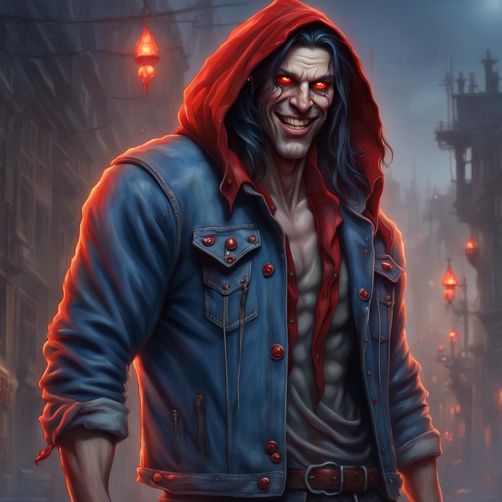 Bloody-Handed Man with Glowing Eyes, Detailed Matte Painting