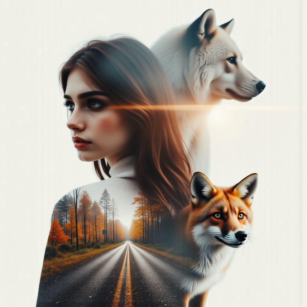 Double Exposure: Woman Merged with Autumn Forest Scene