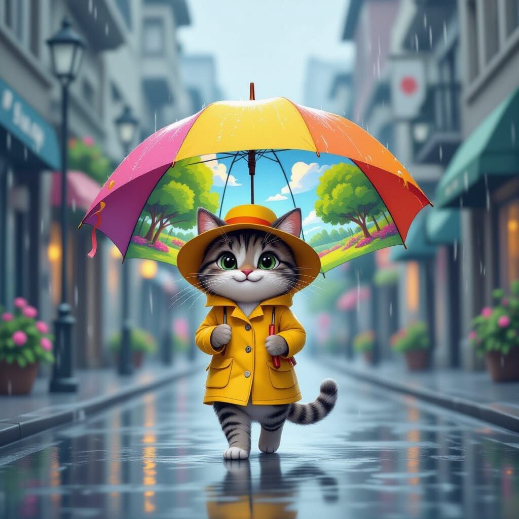 Anthropomorphic Cat Walks into Sunshine: Disney Cartoon Styl...
