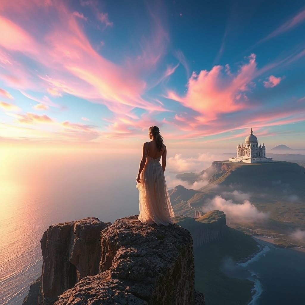 Ethereal Woman Amidst Converging Skies, Seas, and Wonders