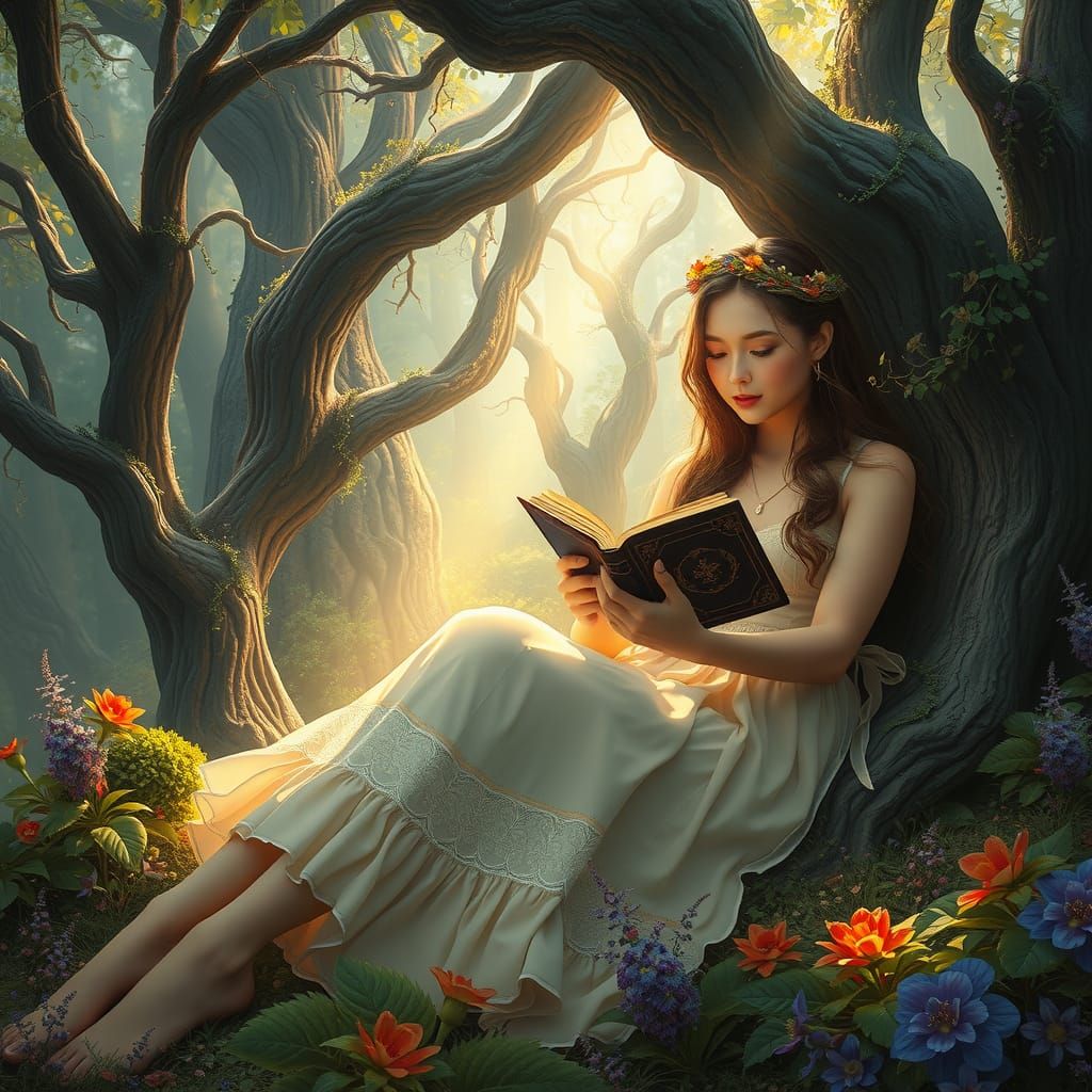 Enchanted Girl Reading in Mystical Glade