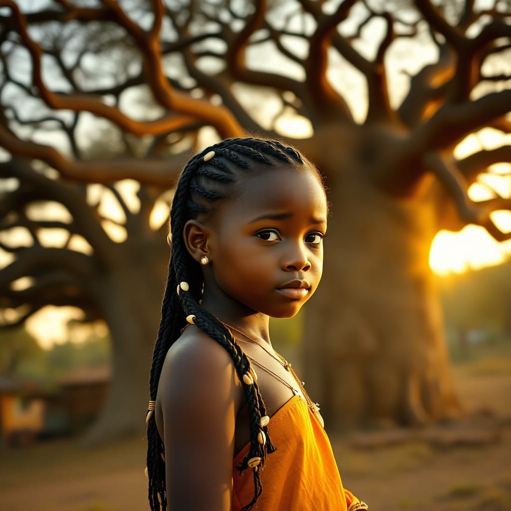 Serene Girl in Golden Light Among Baobab Trees