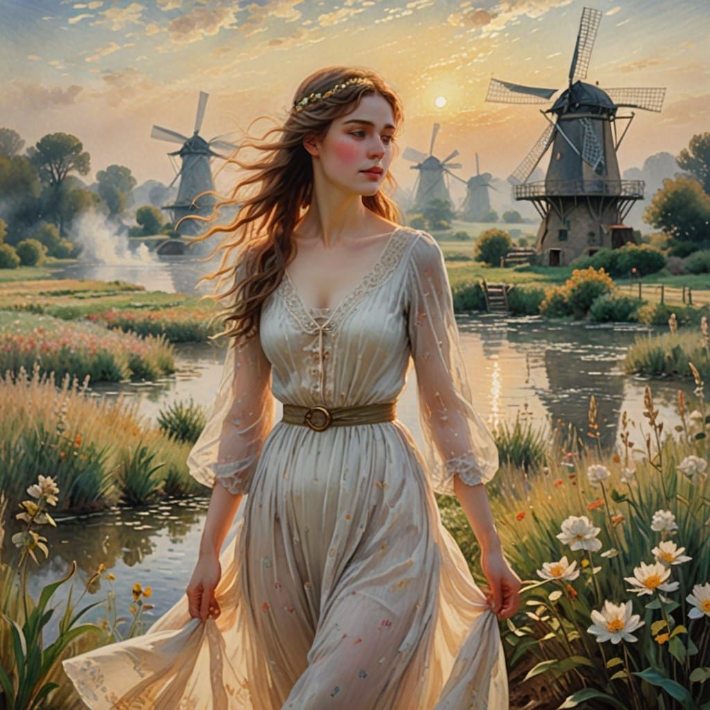 Surreal Windmills of the Heart: Dreamlike Landscape with Wat...