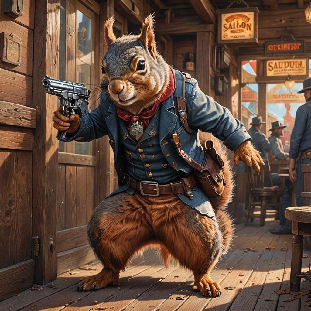 Squirrel Gunslinger Enters Saloon: Hyperrealistic Concept Ar...
