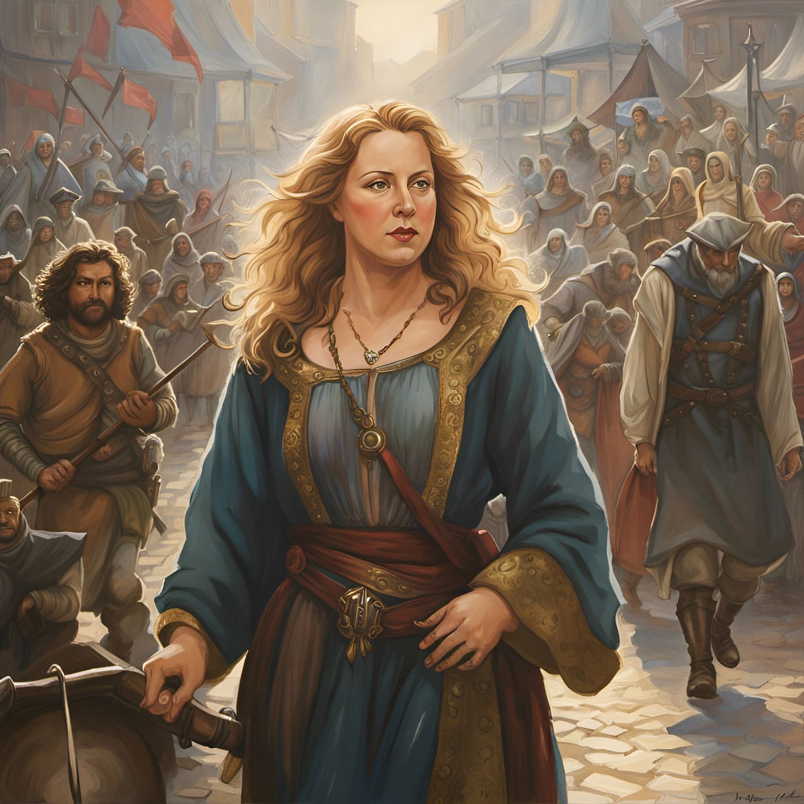 Watercolor Portrait of Woman in Medieval Market