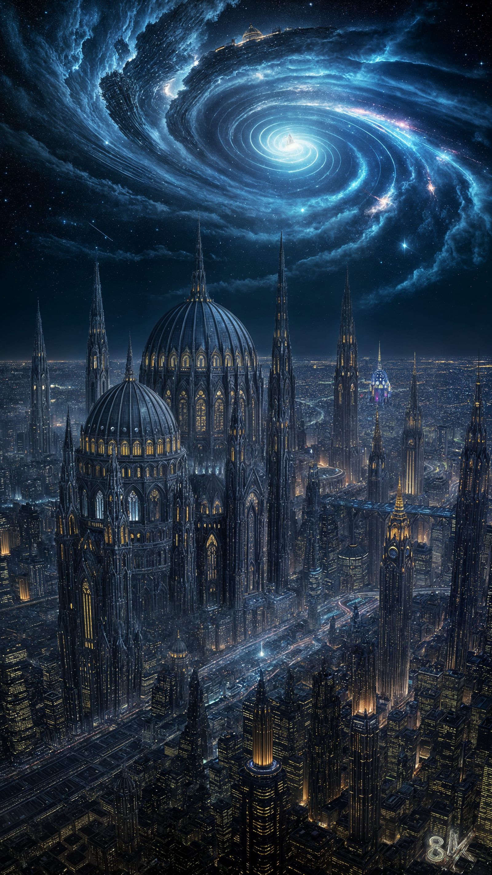 Vast Gothic Megacity Under Cosmic Vortex