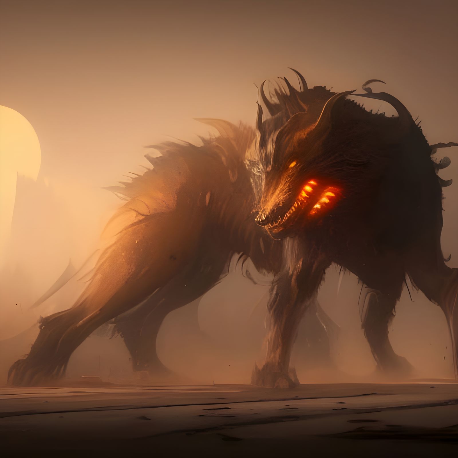 Fearsome Wolf-Bull Hybrid in Dark Fantasy Desert