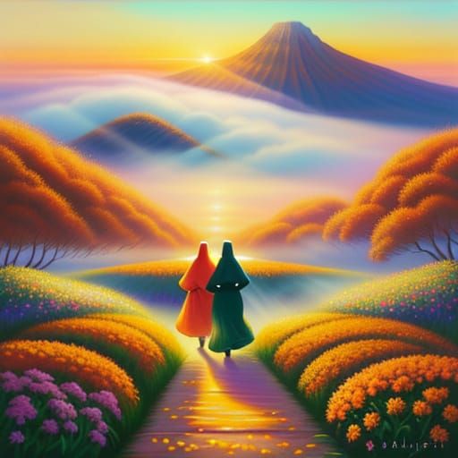 Surreal Afterlife Paradise: An Oil Painting of Eternal Bloom