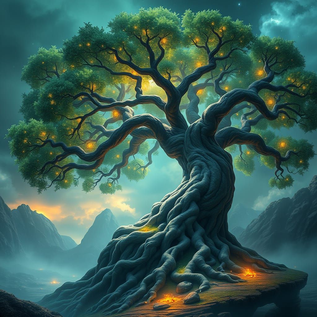 Ancient Magic Tree in Vibrant Fantasy Landscape