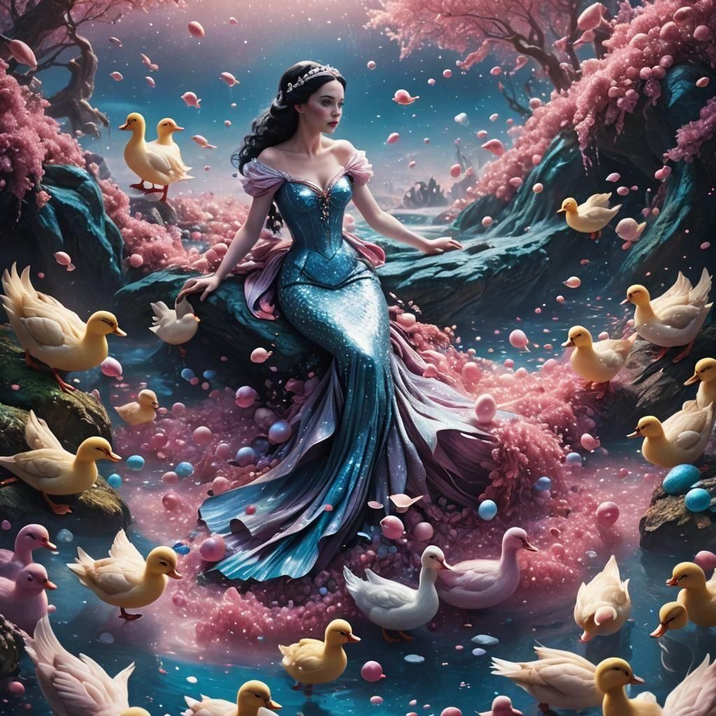 Snow White Space Mermaid with Ducks in Digital Art