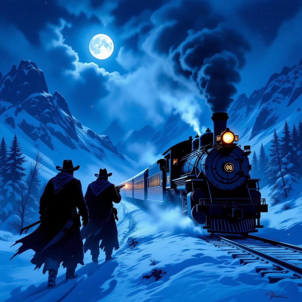 Wild West Train Robbery Under Moonlight
