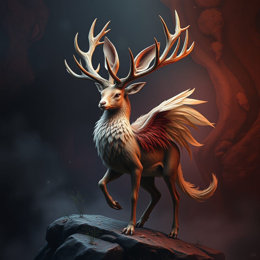 Fantasy Creature with Deer Antlers, Rabbit Ears, and Cat Bod...