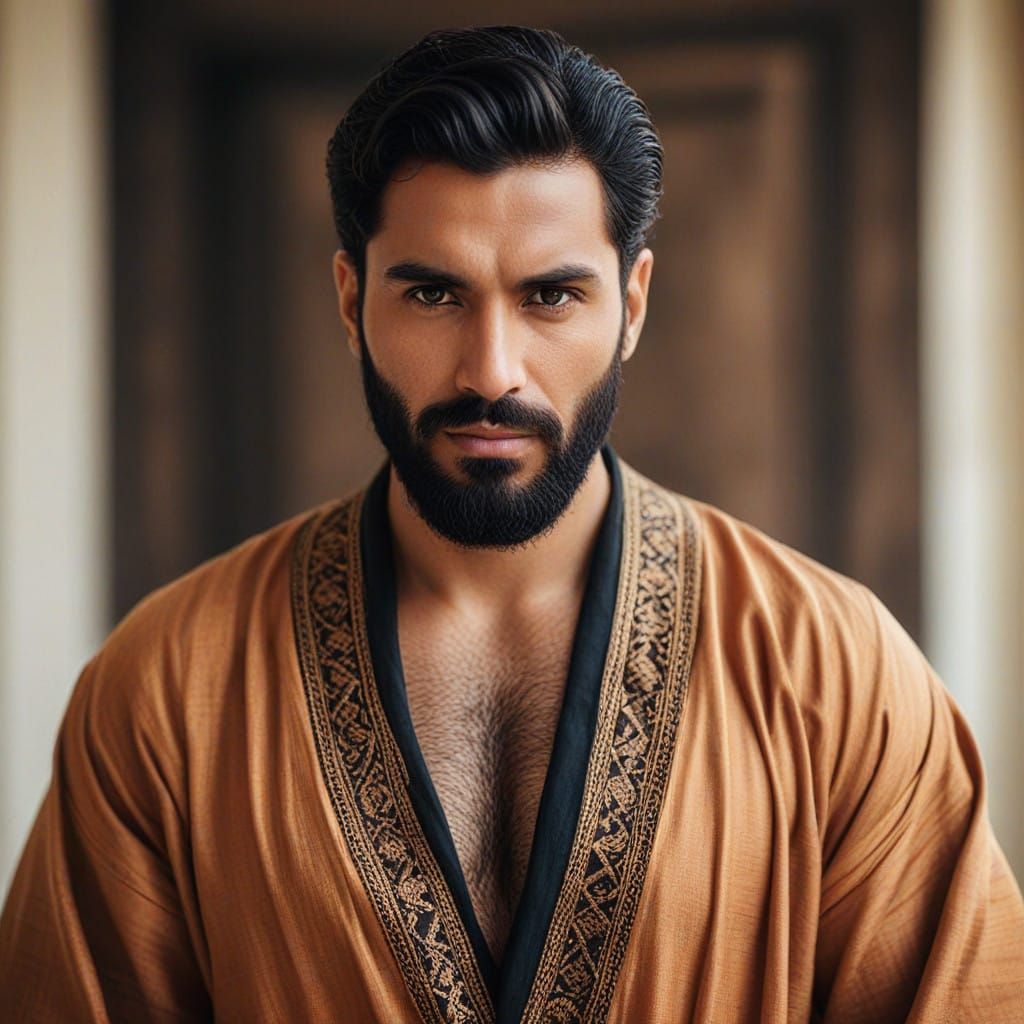 Elegant Bearded Man in Ancient Arab Robe