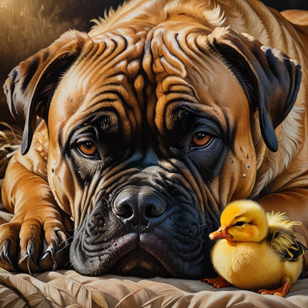 Bull Mastiff Sleeps with Duckling: Oil Painting Portrait