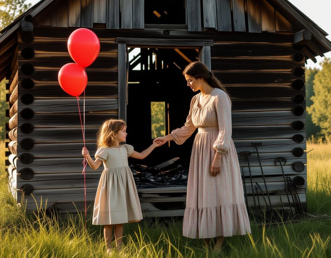 Girl with Balloon at Burned Cabin