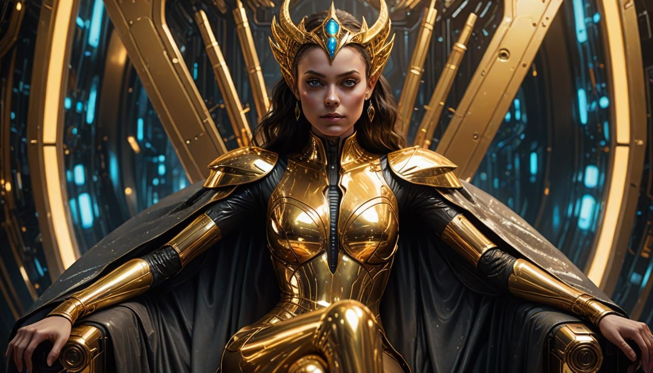 Regal Alien Queen in Futuristic Gold Gown and Cape on Throne