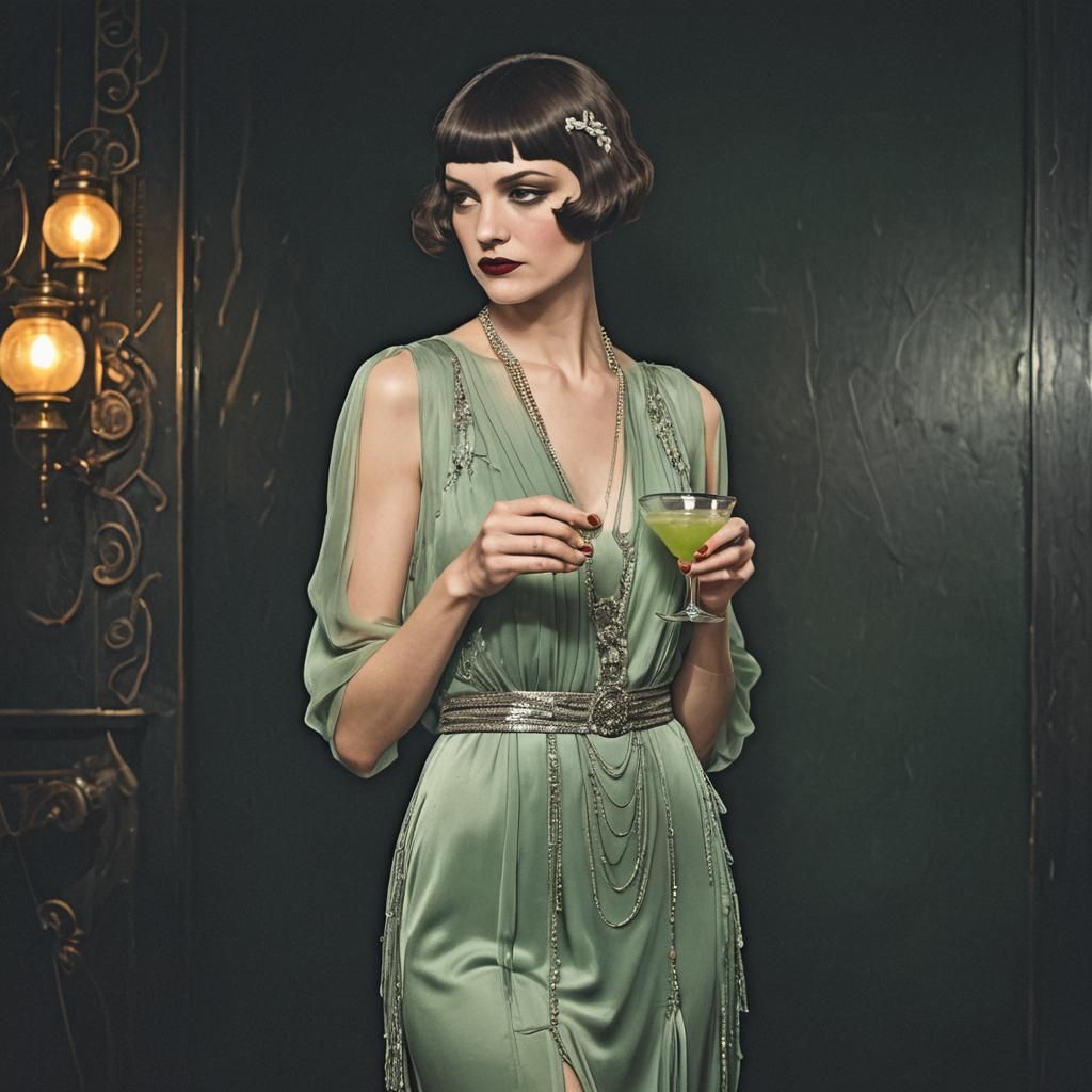 Brunette Flapper in Speakeasy Holding Cocktail