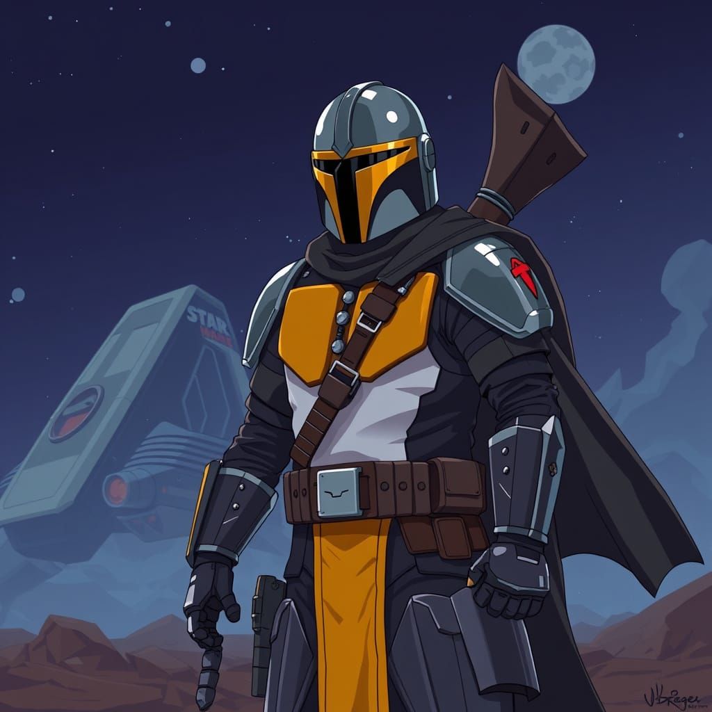 Anime Mandalorian in Black and Yellow Armor