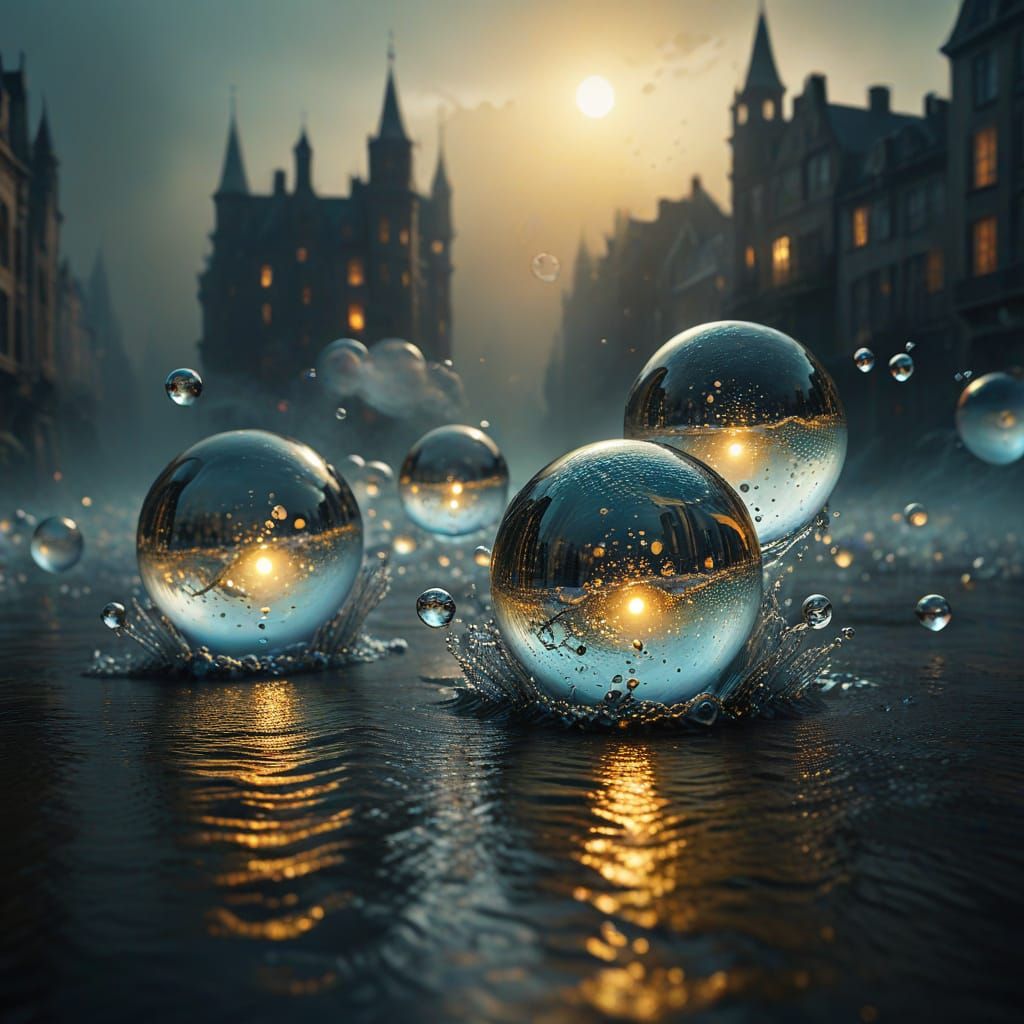 Surreal Water Bubbles Reflecting Cityscapes