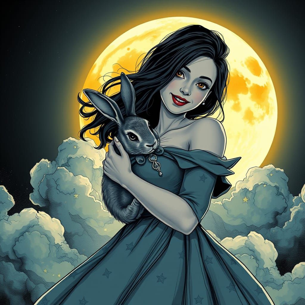 Ethereal Woman and Rabbit under Full Moon in Triadic Colors