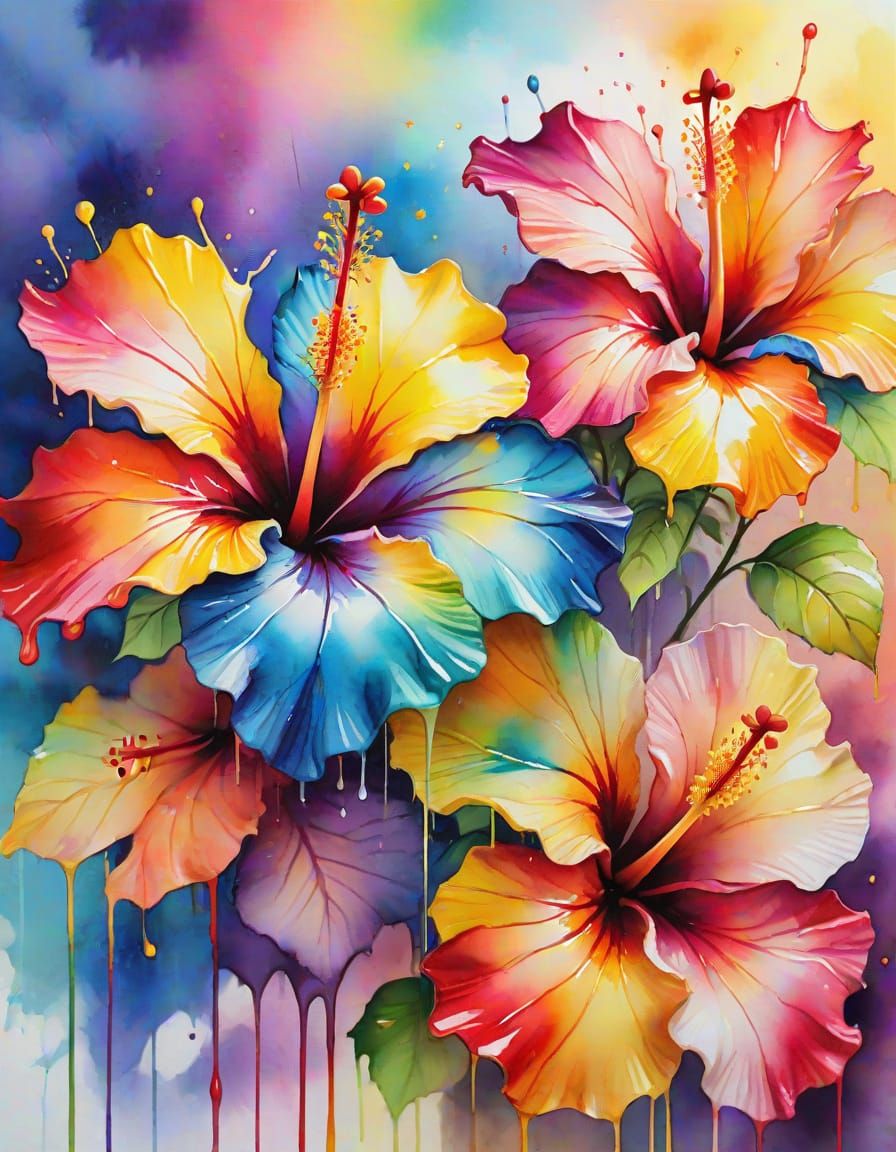Melting Rainbow Hibiscus: Watercolor Splash Art