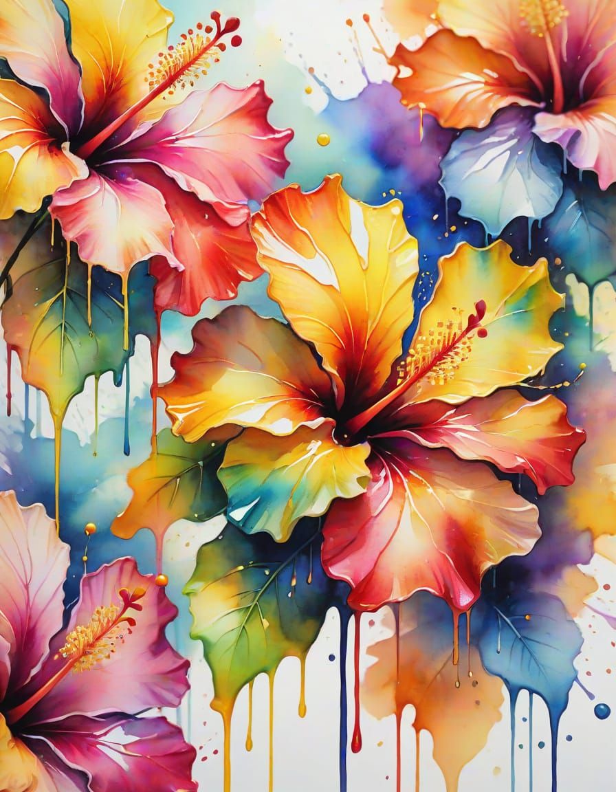 Melting Multicolored Hibiscus: Watercolor Splash Art
