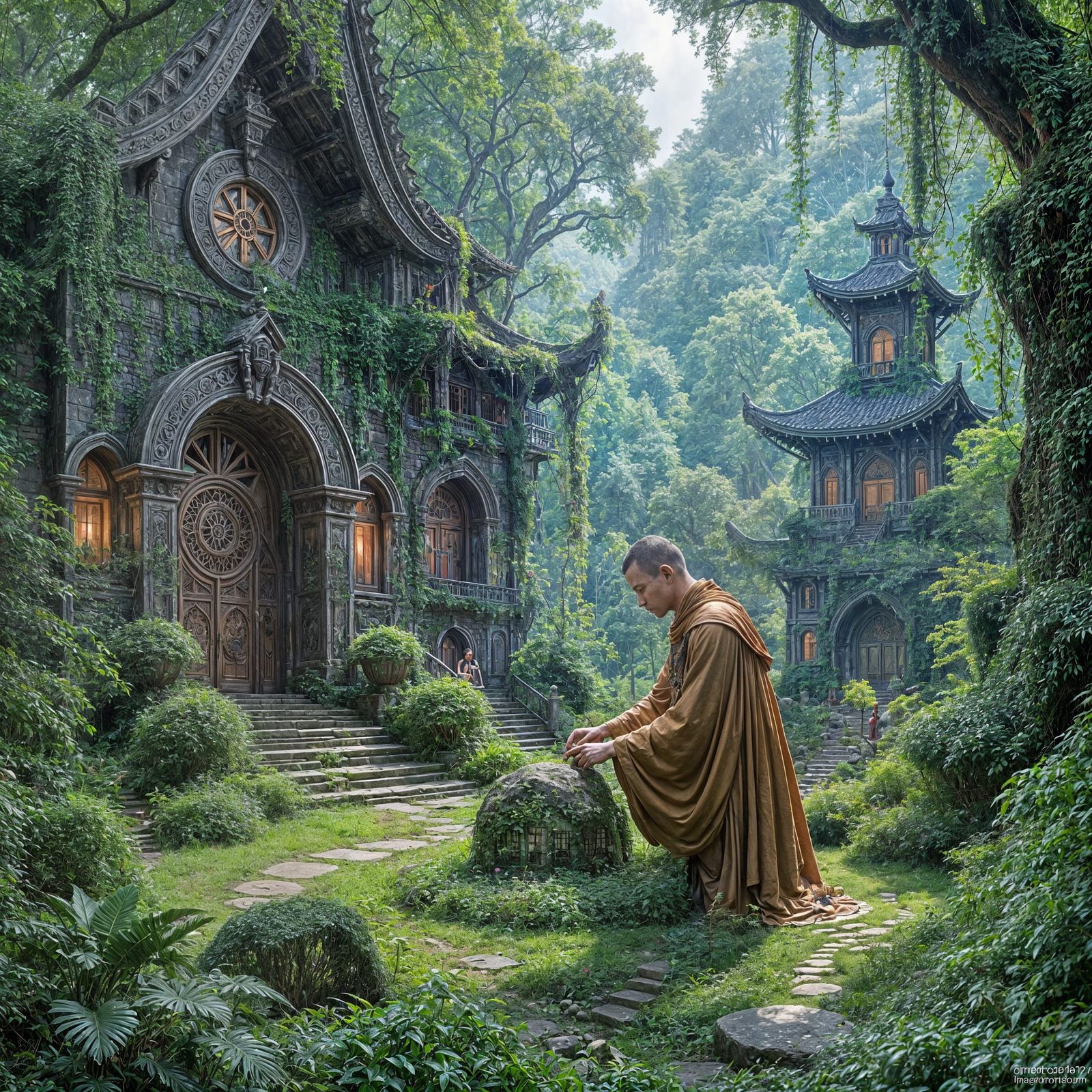 Steampunk Monastery Hidden in Forest with Meditating Monks