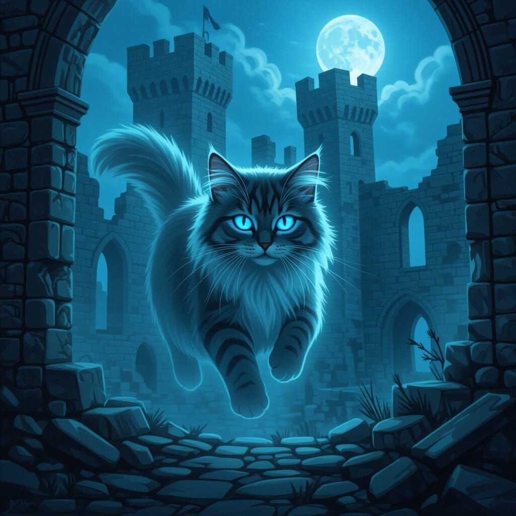 Ghostly Tabby Cat Floating Through Castle Ruins