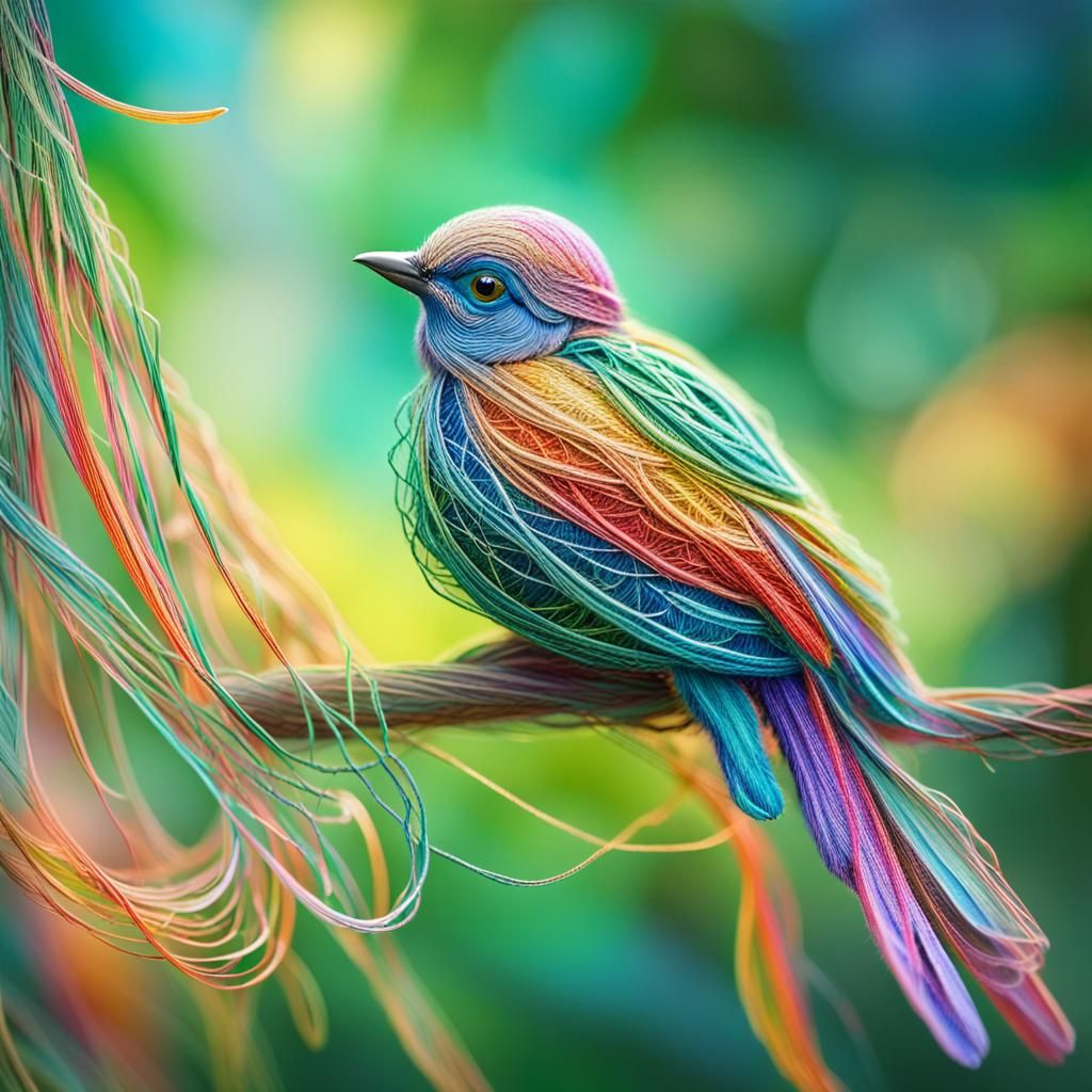 Colorful String Bird in Whimsical Fantasy Art