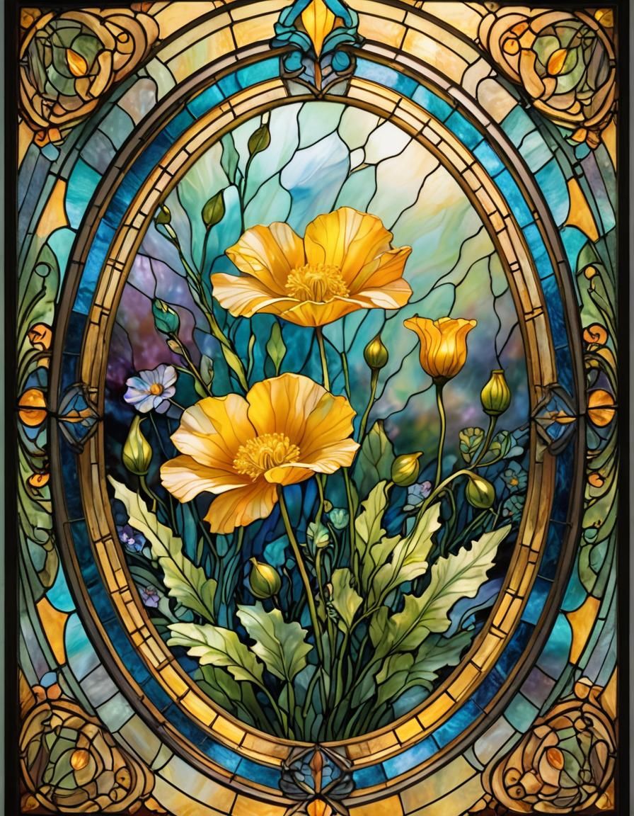 Ethereal Stained Glass Poppy in Art Nouveau Style