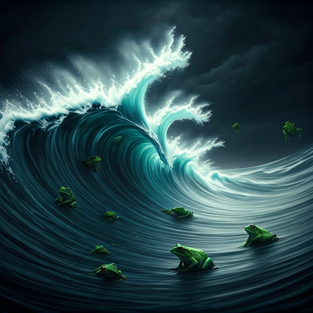 Surreal Frogs Surfing Dark, Crashing Waves