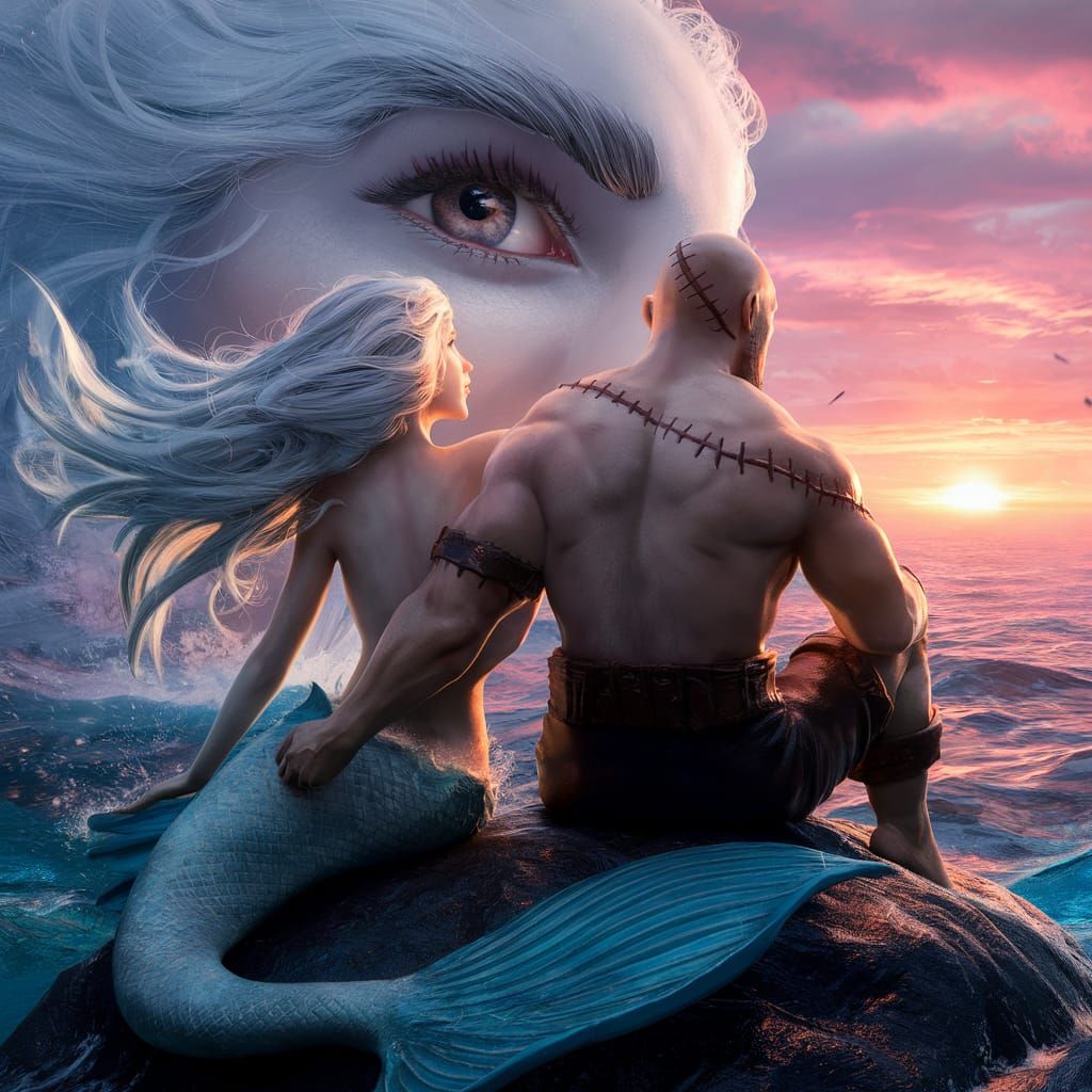 Mermaid and Man Watching Sunset in Digital Art