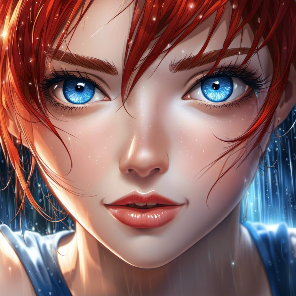 Anime Portrait: Red Hair, Sapphire Eyes, Detailed Manga