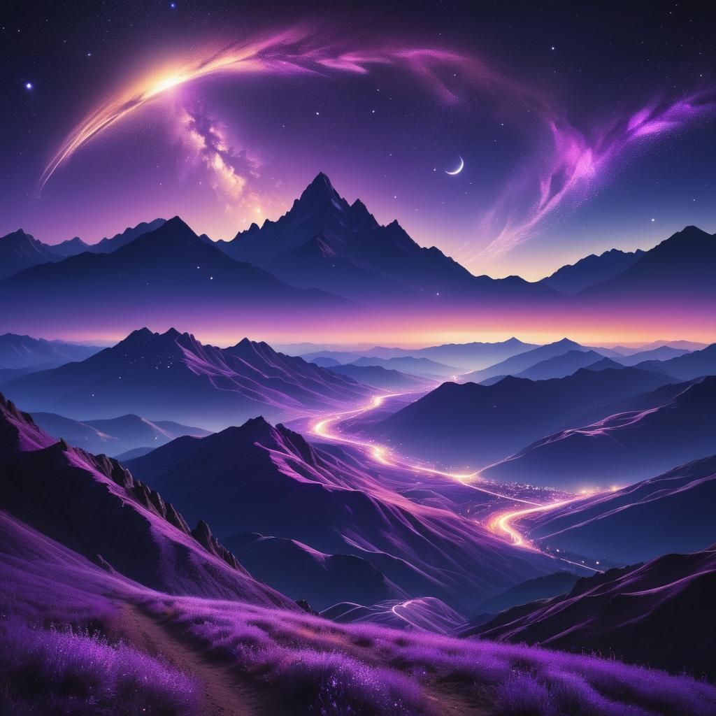 Celestial Dreamscape: Stars, Moons, and Purple Mountains
