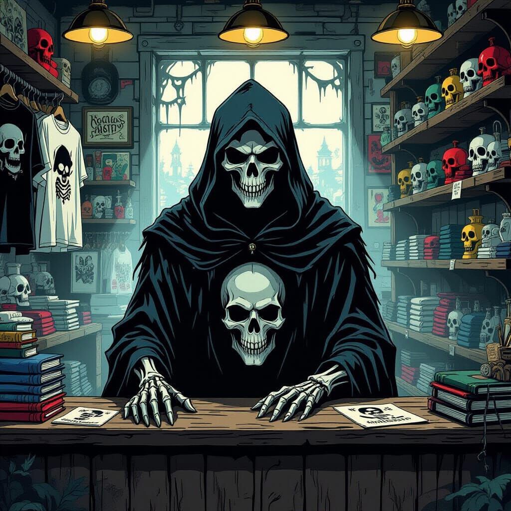 Grim Reaper Sells Reaper Art T-Shirts in Ethereal Shop