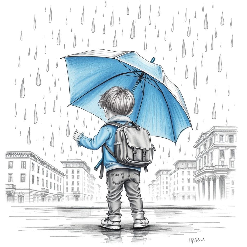 Whimsical Toddler Under a Blue Umbrella in Cityscape