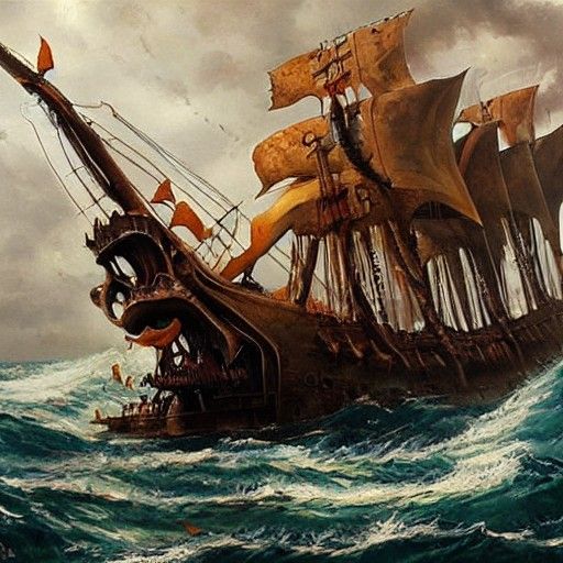 Sea Monster vs Pirate Ship as Oil Painting