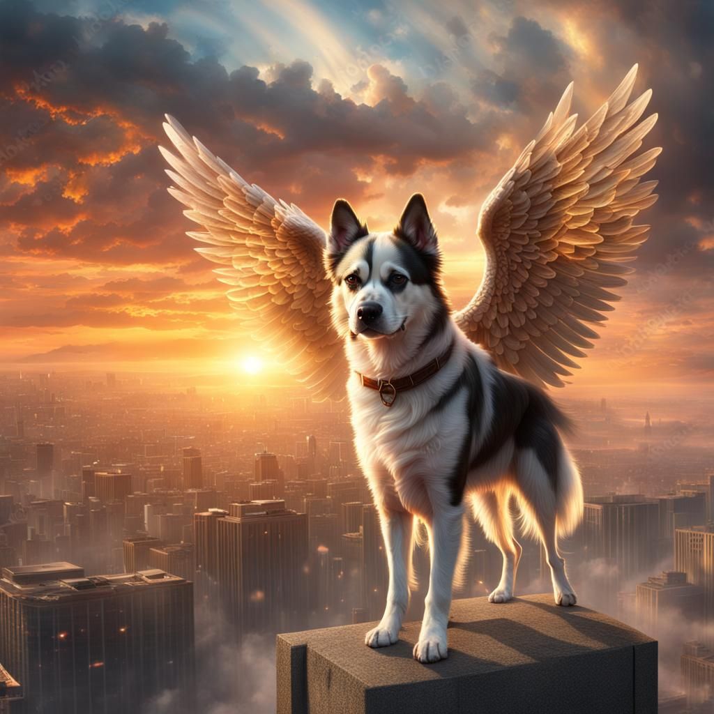 Angel Dog Ascending in Sunset Sky