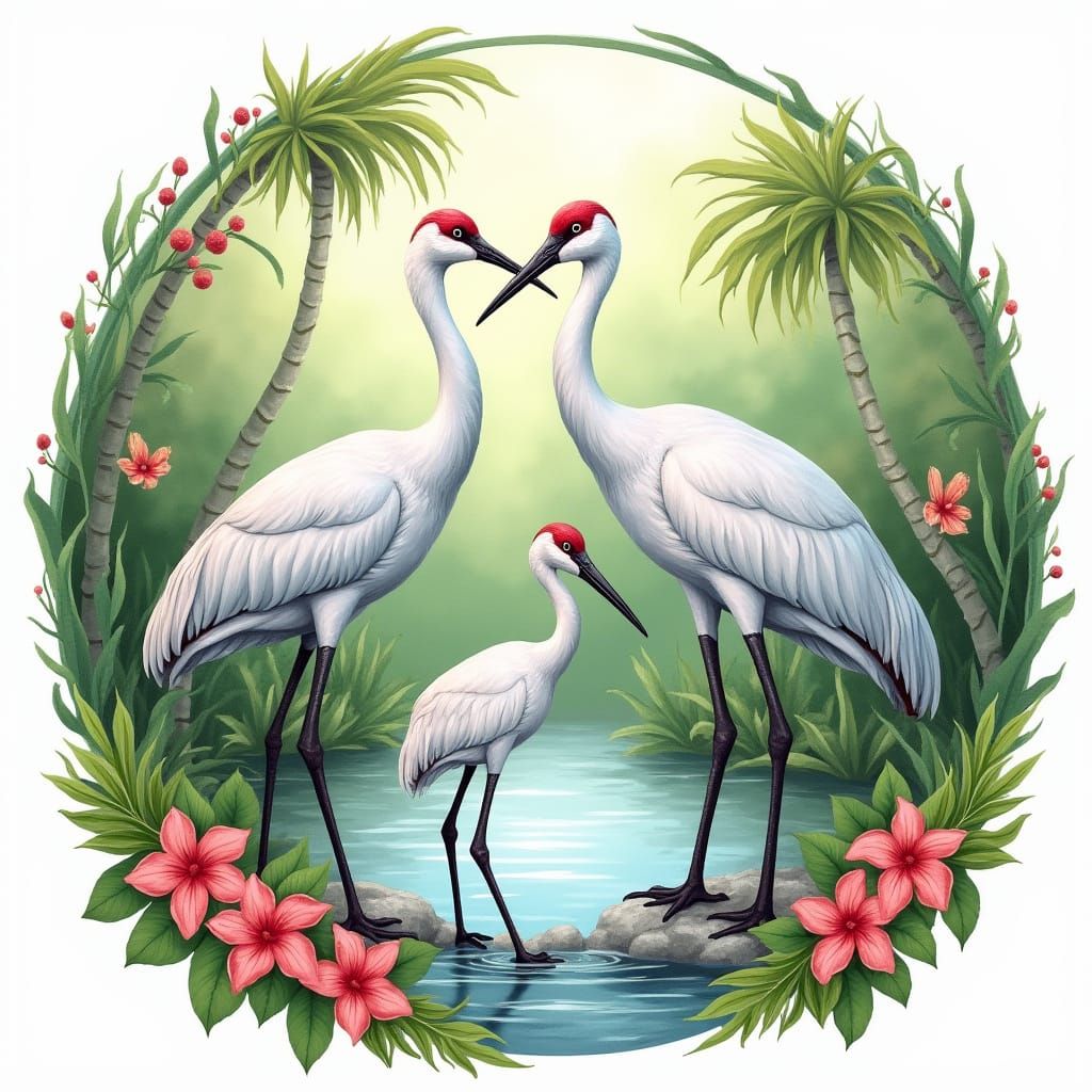 Serene Sandhill Crane Family in Vibrant Tropical Lagoon