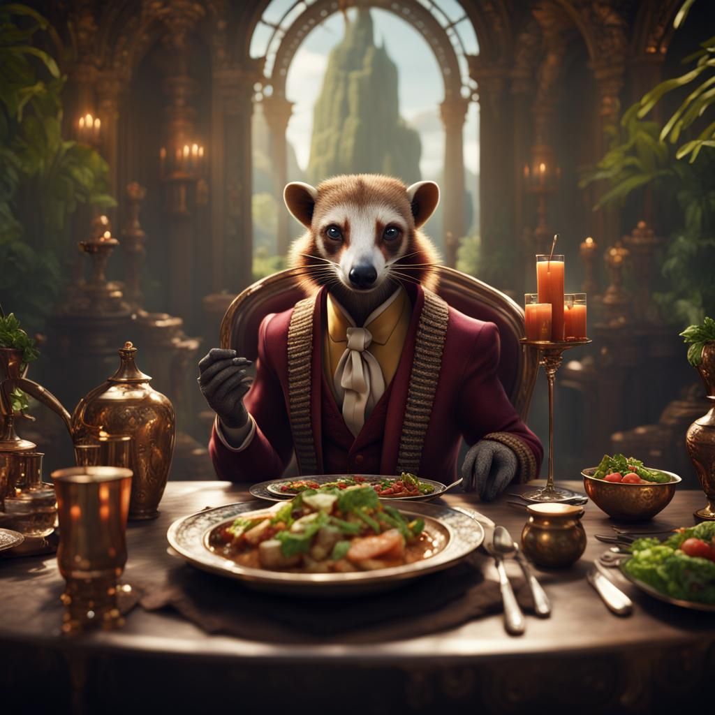 Coati Enjoys Gourmet Meal in Fancy Restaurant